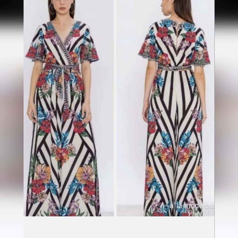 Flying Tomato Black & White Striped Floral Wide-Leg Jumpsuit